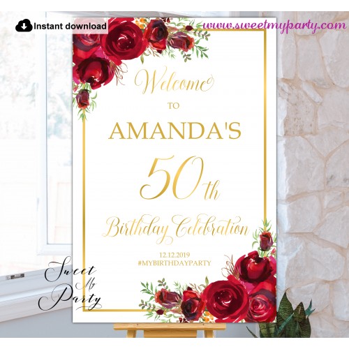 Red Roses 50th Birthday Party Welcome sign template,(16)